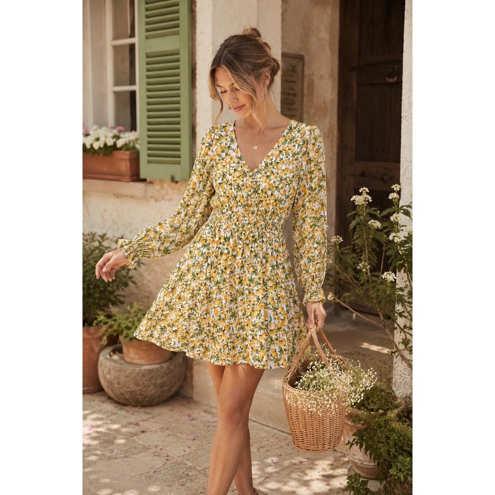 Signify Mini Dress Womens M Lemon Print Cottagecore V Neck Smocked Summer